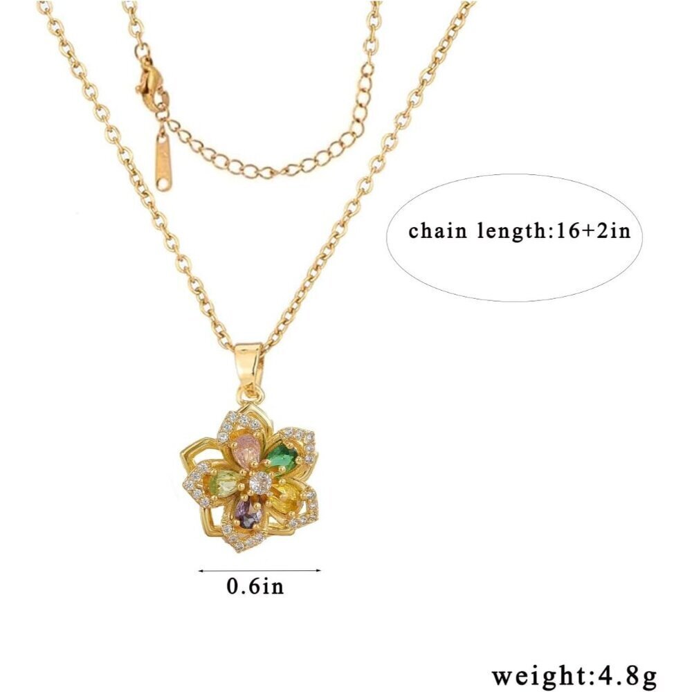 Women Gold Flower Fidget Colorful Necklace Rotatable Crystal Blossom Pendant - Picture 2 of 7